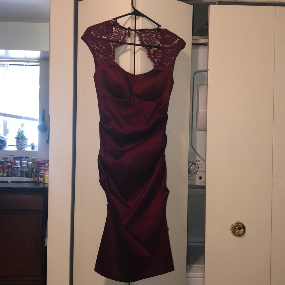 Wine Red Dress with Lace Top & Exposed Upper Back